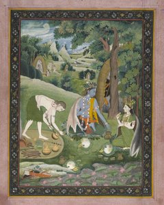 Rama, Lakshmana y Sita cocinando y comiendo en el desierto